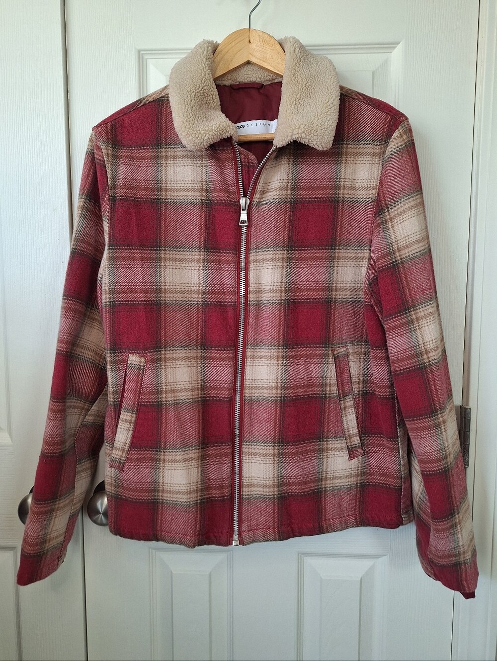 ASOS DESIGN Lumberjack Geruit Harrington Red & Tan Plaid Coat Size S/38"